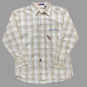 Paco Jeans Vintage Plaid Embroidered Button Down White Tan Blue Kids Size XL